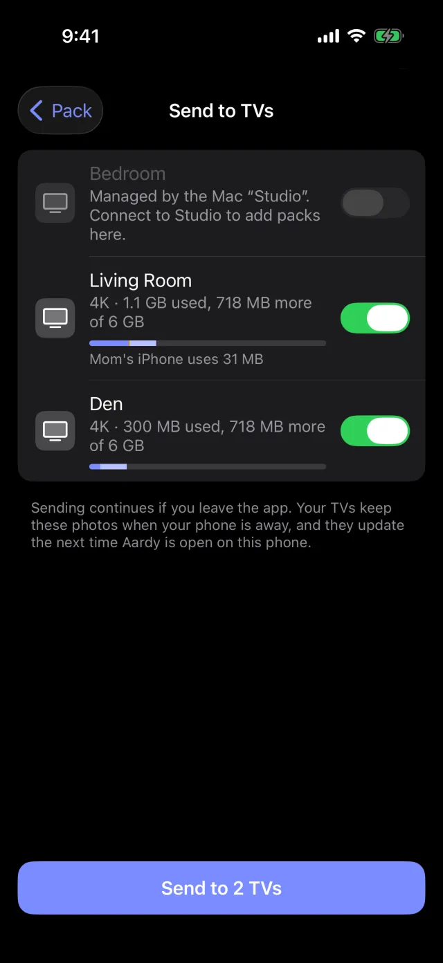 Aardy for iPhone Send to TVs screen