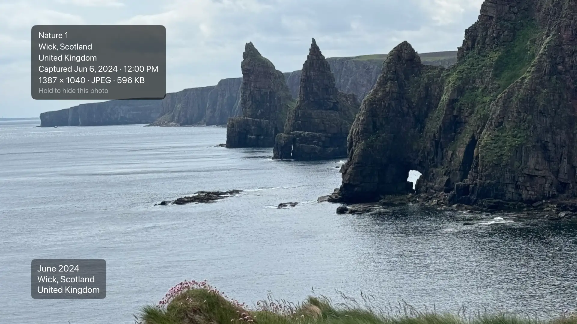 The Aardy info panel open over a photo on Apple TV, listing date, place, camera and size