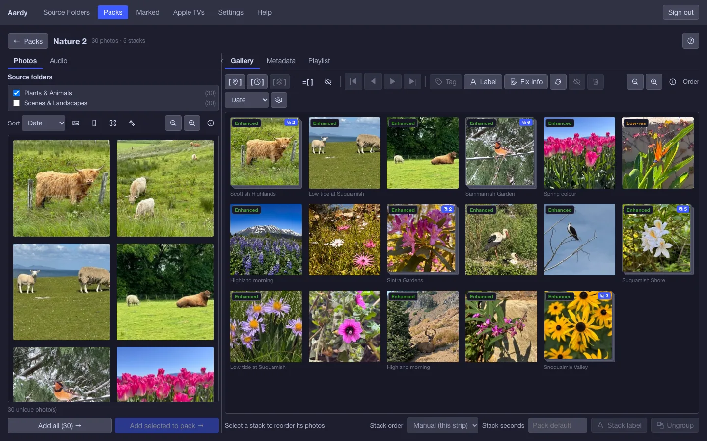 The pack builder, with your folders on the left and the pack on the right