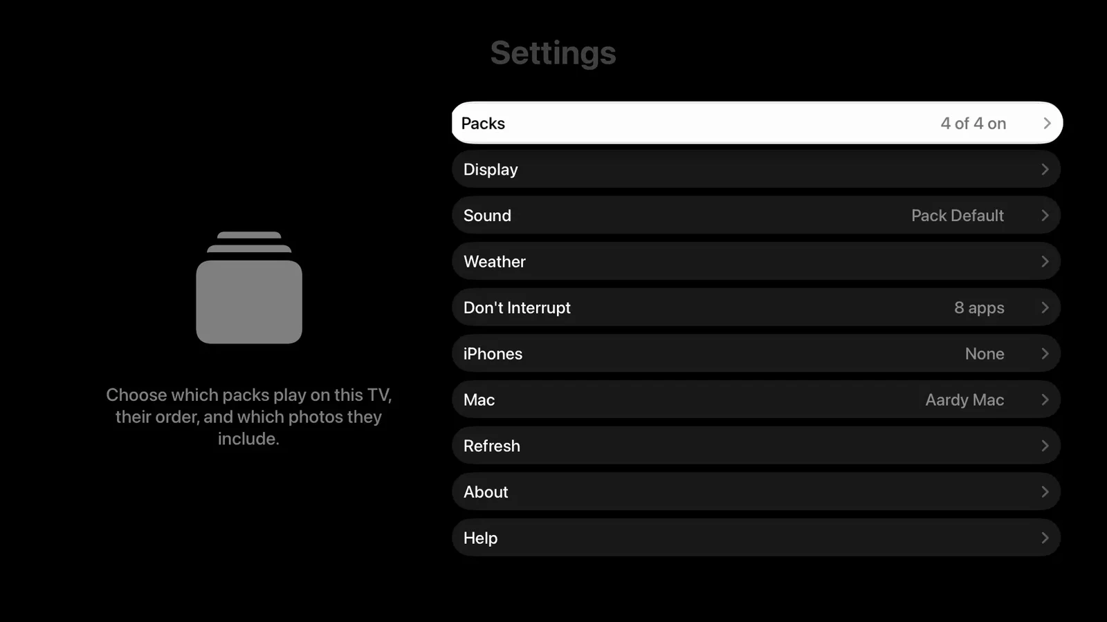 The Settings screen on Apple TV